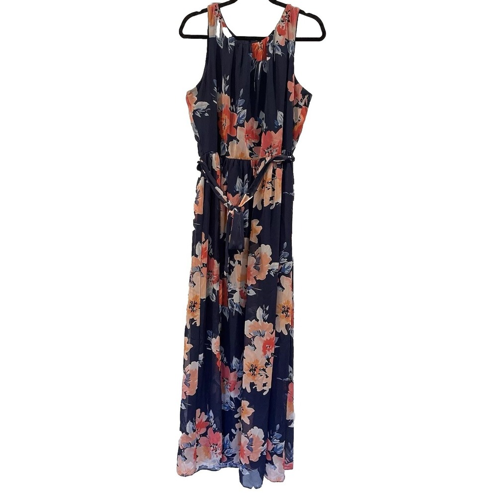Jessica Howard Elegant Navy Blue All Floral Chiffon MAXI Dress Size 16 Lined